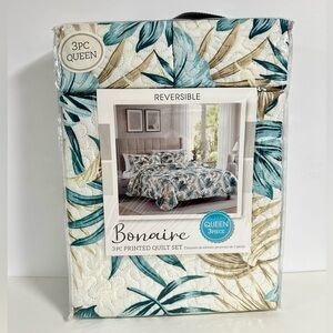 Reversible 3PC Printed Quilt Set - Blue and Tan